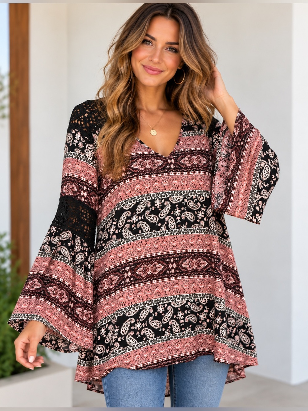 Charlotte Russe XL Boho Paisley Crochet Bell Sleeve Tunic Top